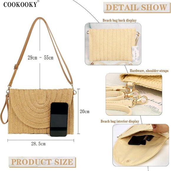 Straw Clutch Handbag Women Woven Envelope Bag Beach Summer Purse - Picture 2 of 6